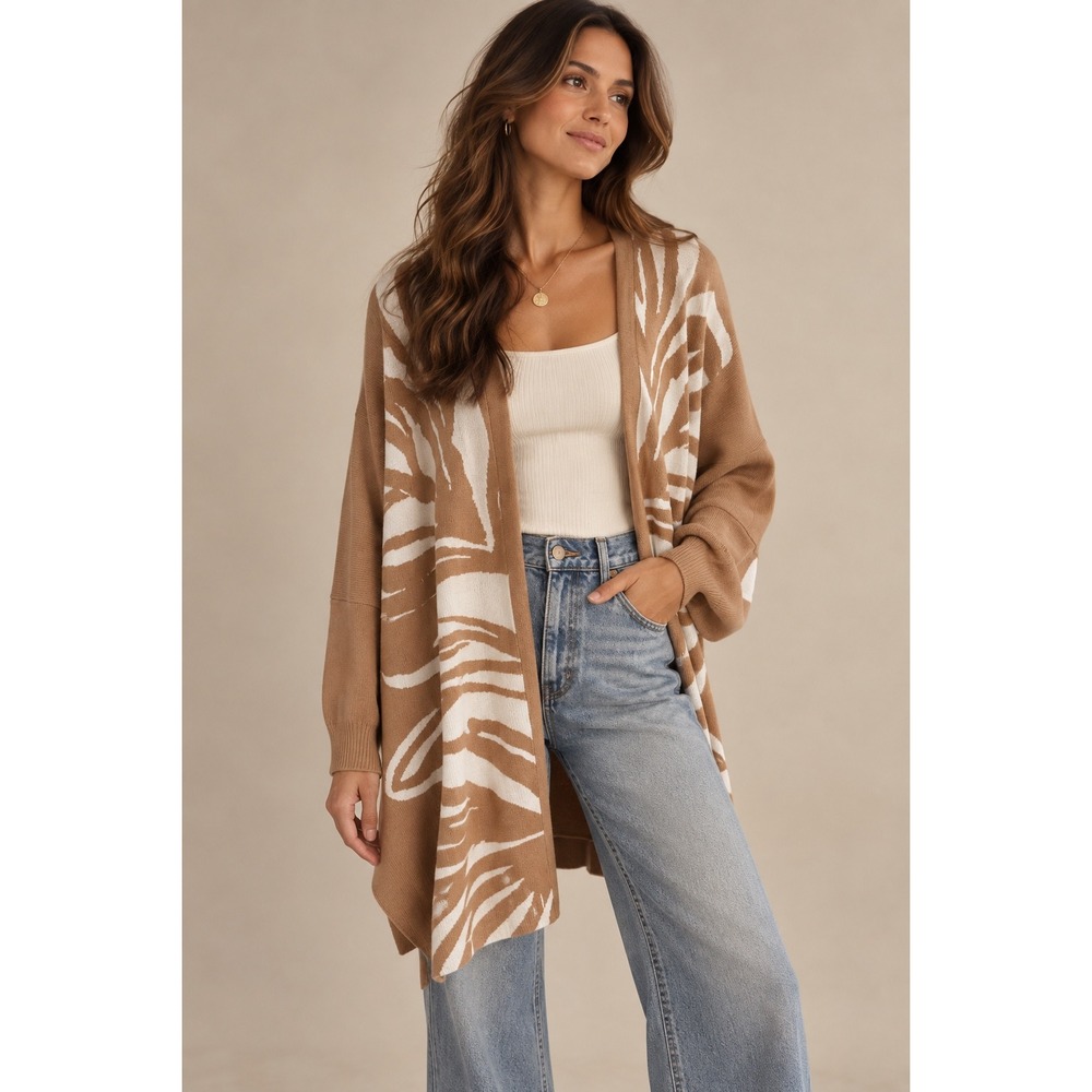 Chicos Brown White Palm Leaf Intarsia Knit Open Front Cardigan Sweater L/XL